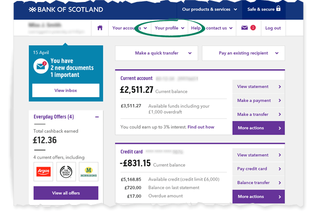 Image showing where to manage your Personal Details whilst using Internet Banking