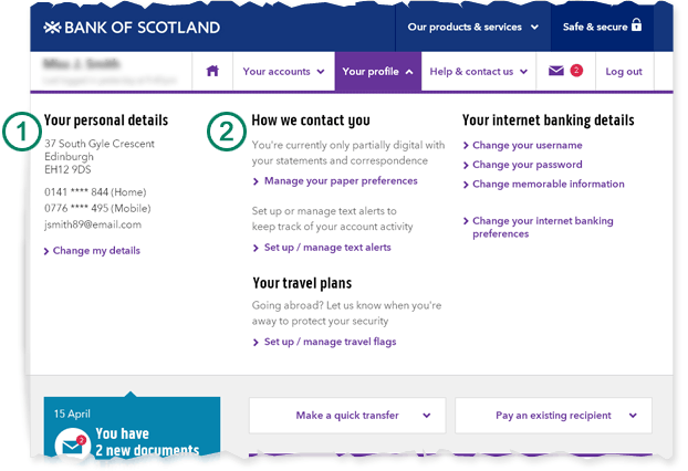 Image showing where to manage your Personal Details whilst using Internet Banking