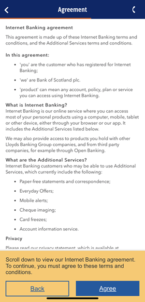 Agreement screenshot from the Bank of Scotland app.