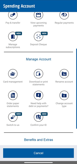 Spending account settings screenshot from the Bank of Scotland app.