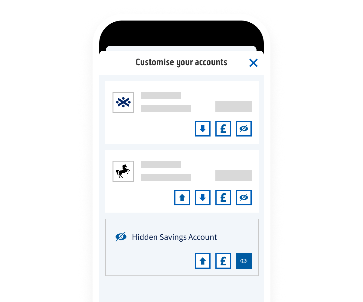 Smartphone showing Bank of Scotland mobile banking app with accounts from Bank of Scotland, Lloyds and hidden accounts to customise your view