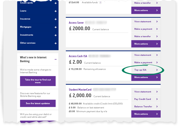 Top up ISA screen one