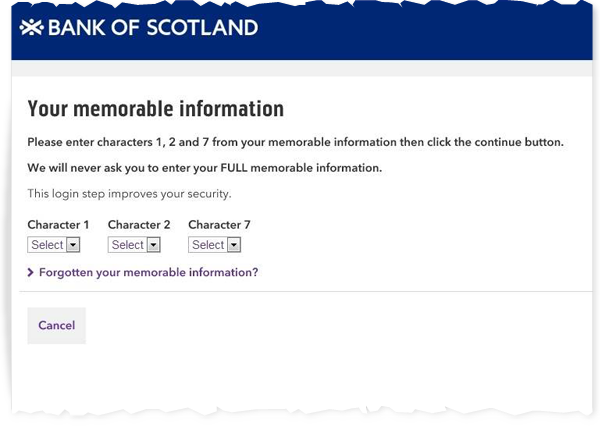 Bank of Scotland Your memorable information internet banking screen