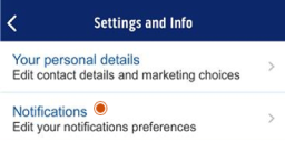 Screenshot of mobile app showing 'Settings and Info' menu