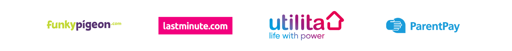 Logos for Funky Pigeon, Last Minute, Utilita, and ParentPay.