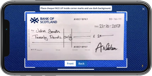 Image of a mobile device taking a picture of a cheque