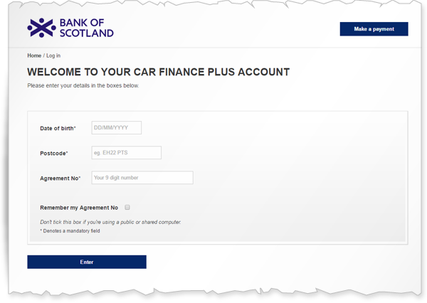 image of Car Finance Plus Account log in webpage.