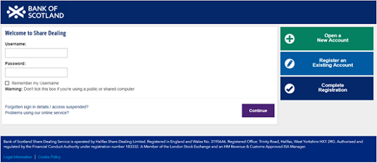 Share Dealing sign in page