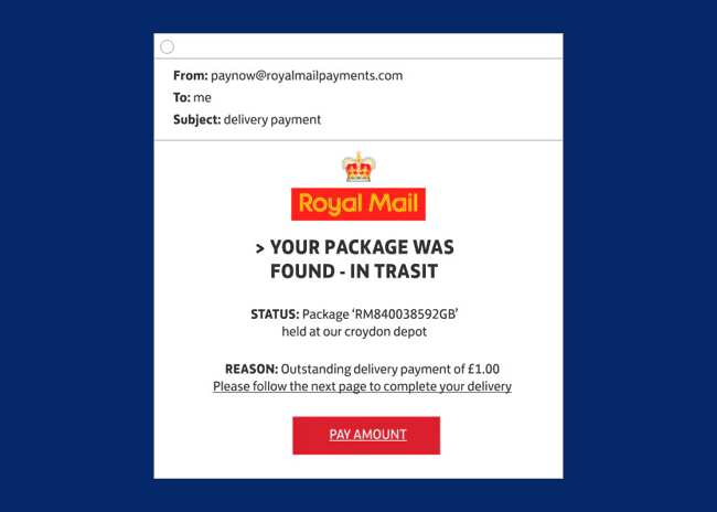 An example of a fake royal mail email used by scammers