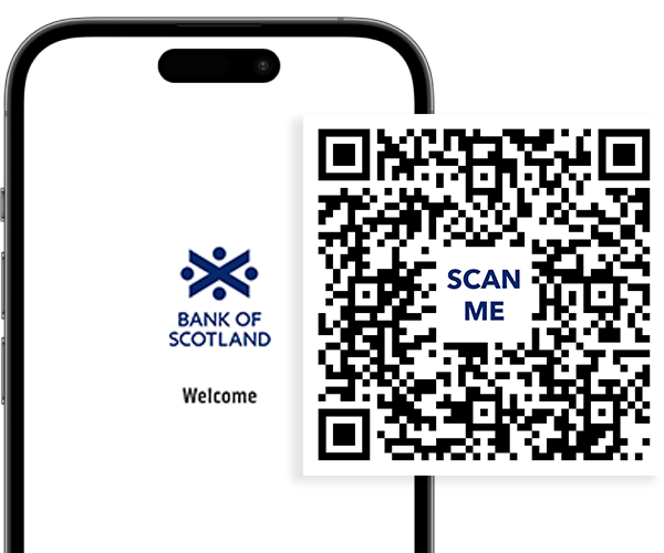 A white phone screen shows the Bank of Scotland logo and the word Welcome. Overlaid to this is a QR code with the words Scan Me in the centre.