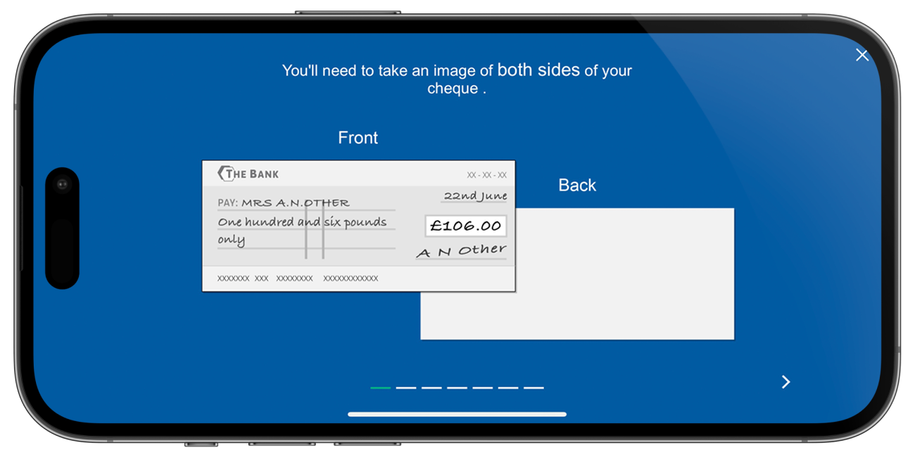 Mobile device taking a photo of a cheque.